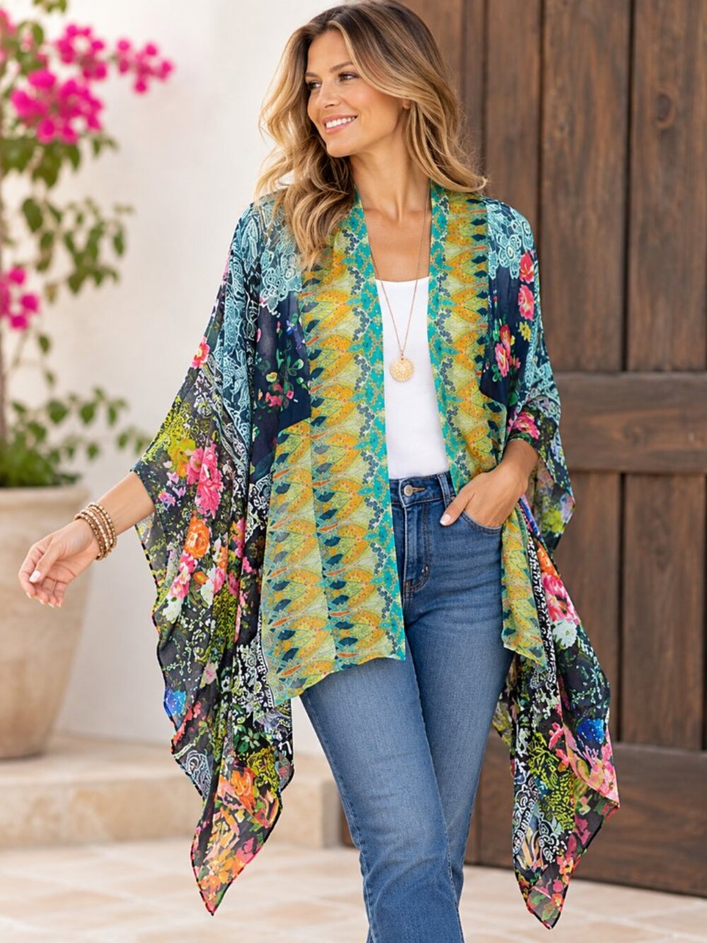 Coldwater Creek Boho Floral Patchwork Kimono Topper One Size NWOT